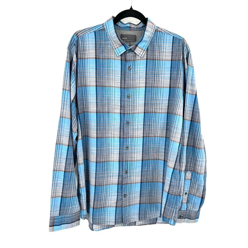 VINCE Blue Gray Plaid 100% Cotton Long Sleeve Lightweight Button Up Shirt XL